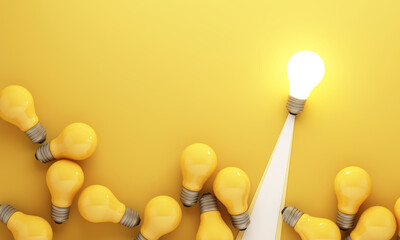 Creative thinking concept with one glowing light bulb standing out from many yellow bulbs on minimal background representing innovation leadership and new ideas 3d rendering