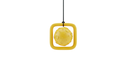 3D Yellow moon hanging in a square frame on transparent background