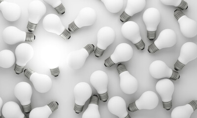 Creative concept with one illuminated light bulb surrounded by white bulbs on clean background representing unique idea innovation and inspiration 3d rendering
