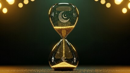 Golden hourglass with flowing sand on a dark background with bokeh lights.