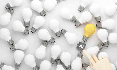 Artificial intelligence creativity concept with AI chip and glowing light bulb among white bulbs symbolizing smart ideas technology and innovation 3d rendering