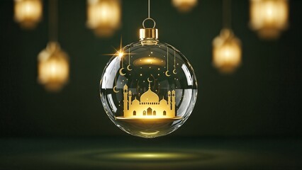 Golden Mosque Illustration Inside Glass Ornament with Hanging Lanterns.