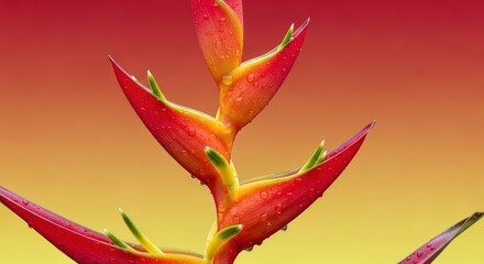 Vibrant Heliconia Flower with Dewdrops Against a Gradient Background