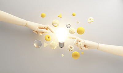 Creative inspiration concept with wooden hands touching a glowing light bulb surrounded by floating geometric shapes symbolizing imagination ideas and innovation 3d rendering