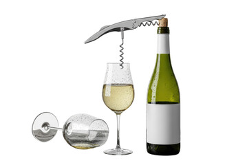 chilled premium white wine bottle with condensation, steel corkscrew extracting the cork, full and overturned glasses on weathered oak wood against transparent studio background, concept for upscale