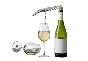 chilled premium white wine bottle with condensation, steel corkscrew extracting the cork, full and overturned glasses on weathered oak wood against transparent studio background, concept for upscale