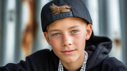 Young boy in hip-hop clothing and cap, street style fashion, rap culture aesthetic, urban youth wear, cool kid look, contemporary outfit, with copy space