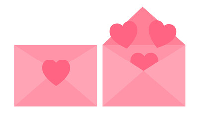 Open pink mail envelope with heart on white background.Simple Love Letter.Happy Valentine's day.Wedding card.Sign, symbol, icon and logo isolated.Flat design.Graphic.Cartoon vector illustration.