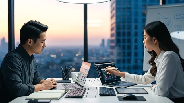 Two business professionals collaborating on laptops in a modern office setting with a cityscape view.