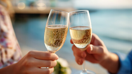 Defocused couple toasting champagne glasses by ocean, romantic celebration, seaside date, love and romance, beach elegance, relationship moment, with copy space