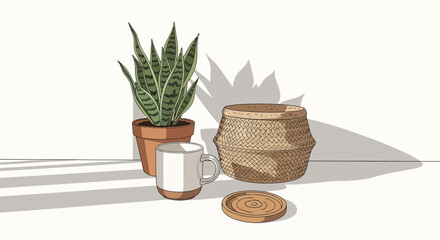 Obraz premium Cozy home decor with potted snake plant and woven basket