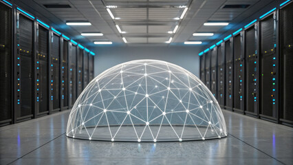 Ai augmented network shield. glowing digital dome with AI neuron webs in server room, showcasing advanced technology