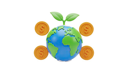 Green growth with coins around the Earth on transparent background