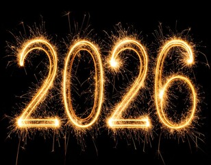 Bright, glowing sparkler writing creates the year 2026 against black