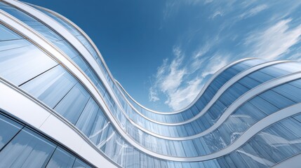 futuristic curved glass office building with sleek white facade reflecting blue sky modern corporate architecture and innovative urban design