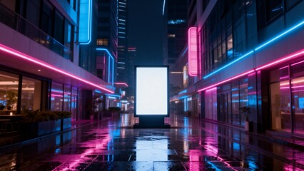 Neon lit urban street with billboard