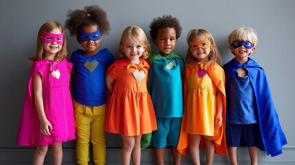Children dressed in colorful superhero costumes, imaginative play, comic-inspired outfits, kid empowerment, fantasy dress-up, creative costumes, with copy space