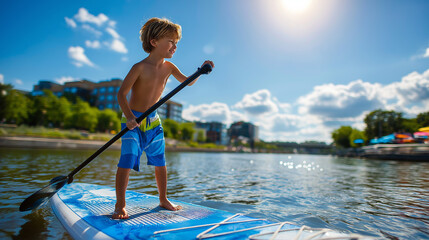 Child standing on stand-up paddleboard, water sports activity, summer aquatic recreation, active youth lifestyle, outdoor fitness, balance training, with copy space