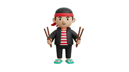 Cartoon character holding chopsticks on transparent background