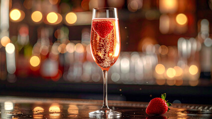 Chilled Sparkling Wine with Strawberry Garnish for Romantic Celebration