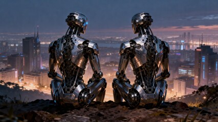 Fototapeta premium Two robots overlooking cityscape