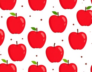 A vibrant, seamless repeating pattern of cartoon red apples with green leaves and brown stars on a white background