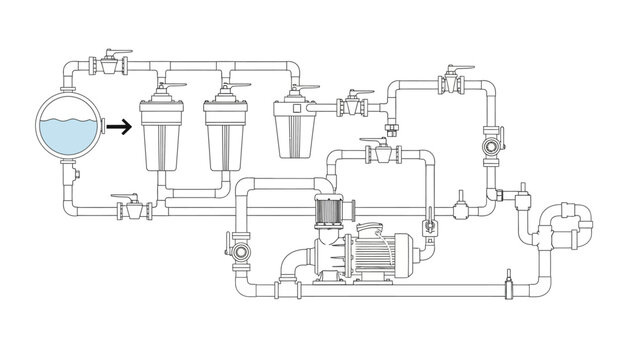 Industrial Water Treatment Process Diagram Showing Filtration and Purification Stages