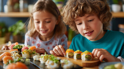 Siblings eating sushi rolls at home table, family meal time, Asian cuisine, healthy eating habits, cultural food experience, with copy space