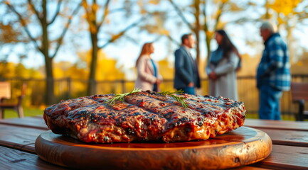 A large grilled steak lies on a wooden stand, with people chatting in the background in autumn