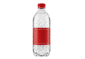 Pristine, hyper-realistic, condensation-covered pet bottle of effervescent soda with a glossy red cap and blank label, isolated on a transparent background. Concept for beverage advertising