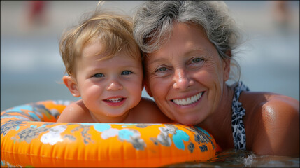 Grandmother and toddler swimming in ocean water, inflatable ring, beach vacation bonding, summer fun, generational connection, family time, with copy space