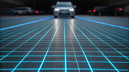 Autonomous security response. car with headlights on is approaching on road with glowing blue grid lines, suggesting autonomous technology