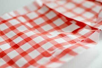 View of a red and white checkered paper liner used for serving food in a casual dining setting during a meal time and event at a restaurant or snack stand