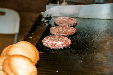 Beef Burger Patties Grilling on a Professional Flat Top Griddle