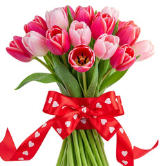 Tulips pink red gift bow on transparent background