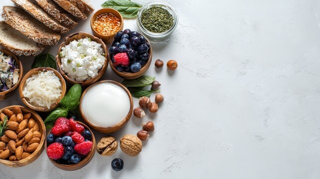top view healthy probiotic fermented foods on white background with copy space kimchi sauerkraut yogurt kombucha bread nuts berries for diet nutrition blog wellness menu healthy eating concept