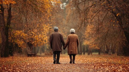 an elderly couple holding hands while walking through a park in autumn fallen leaves on the path warm color tones 