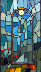 Colorful stained glass window. Multicolored interior design template. Oil painting
