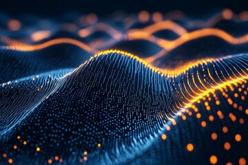 Abstract dot pattern connects with gradient lines in an intricate wave line design representing international social networks and data flow technology used for business connections