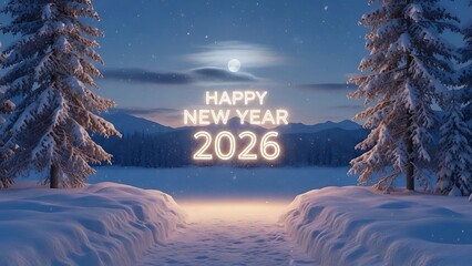 Happy New Year 2026 glowing text in a snowy winter mountain landscape at night with full moon