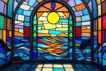 Colorful stained glass window. Multicolored interior design template. Oil painting