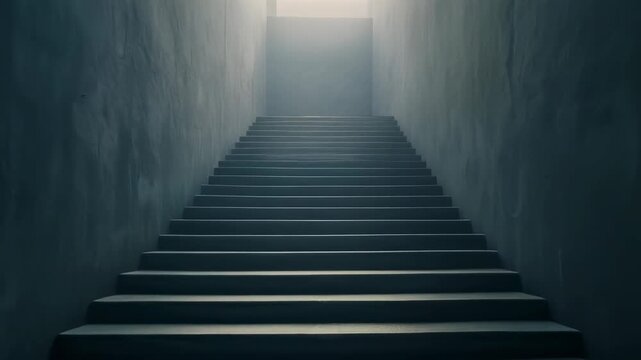 Narrow staircase with concrete walls and steps leading to a bright light.