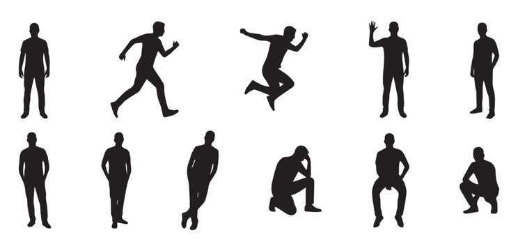 Man silhouettes set, group of men in different poses standing running jumping and sitting