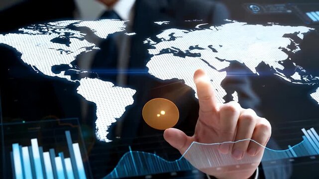 A person's hand interacting with a futuristic holographic world map display showing global business data and analytics.