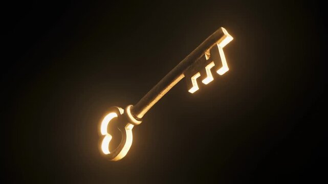 Golden key with glowing outline on black background.