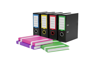 Four Black Ring Binders with Colorful Labels and Stacked Books on transparent background