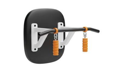 Gym pull up bar with orange grips on a black pad on transparent background