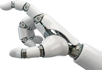 Futuristic white robot hand making a pinch gesture isolated on white background