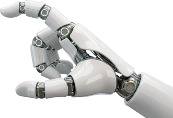 Futuristic white robot hand making a pinch gesture isolated on white background