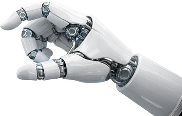Futuristic white robot hand making a pinch gesture isolated on white background